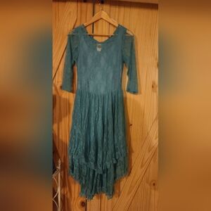 3" quarter length, blue-green boho pullover no zipper dress